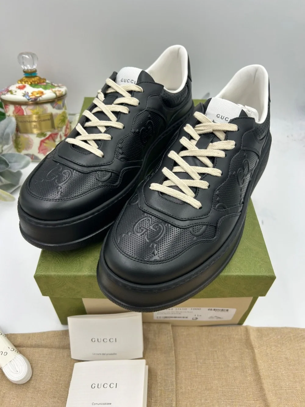 Gucci Chunky B Perforated GG Embossed Leather Sneakers. Size 11.5. (Fits 12.5)